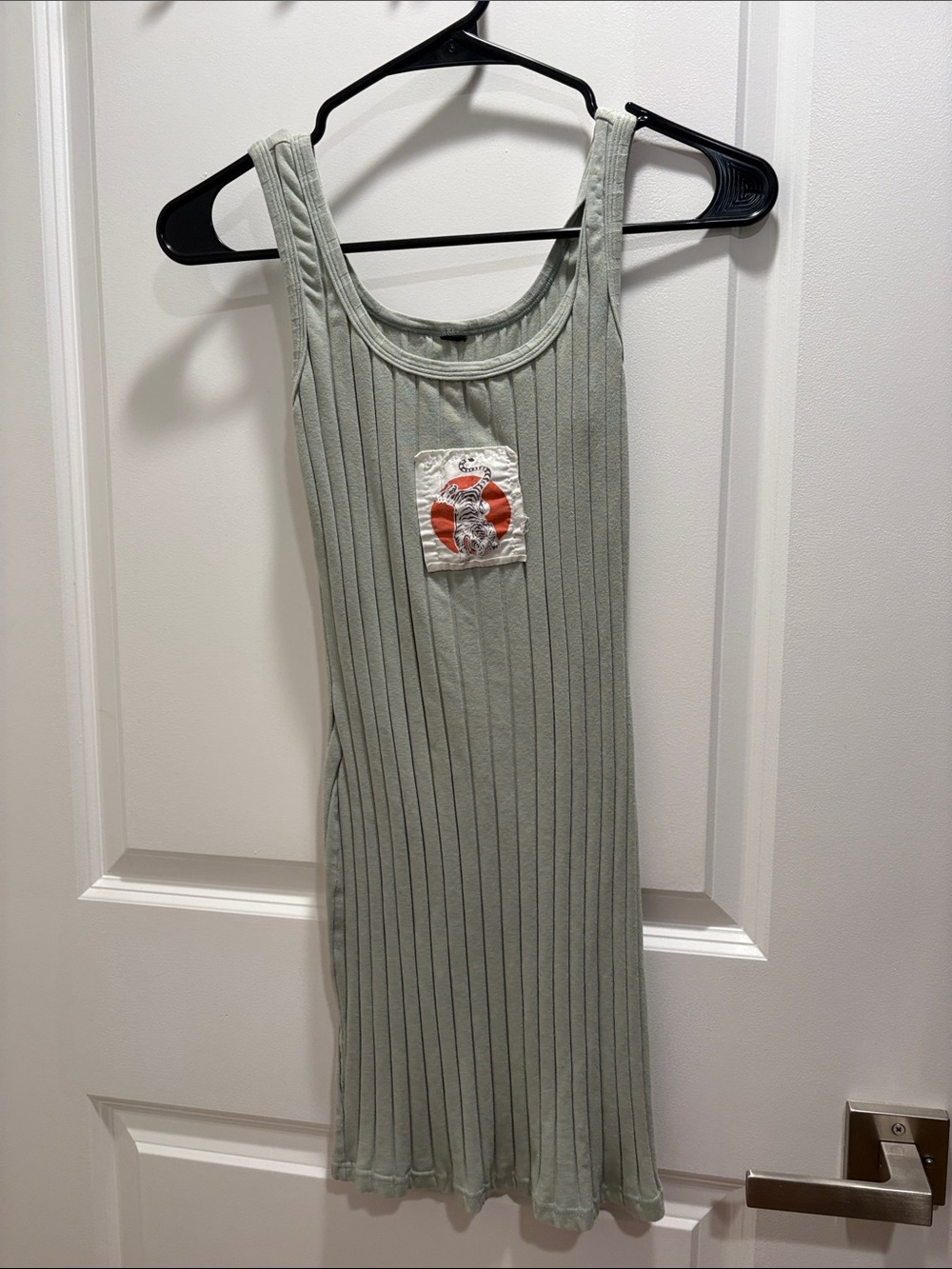 Ribbed Tank Dress with Embroidered Patch - Sage Green